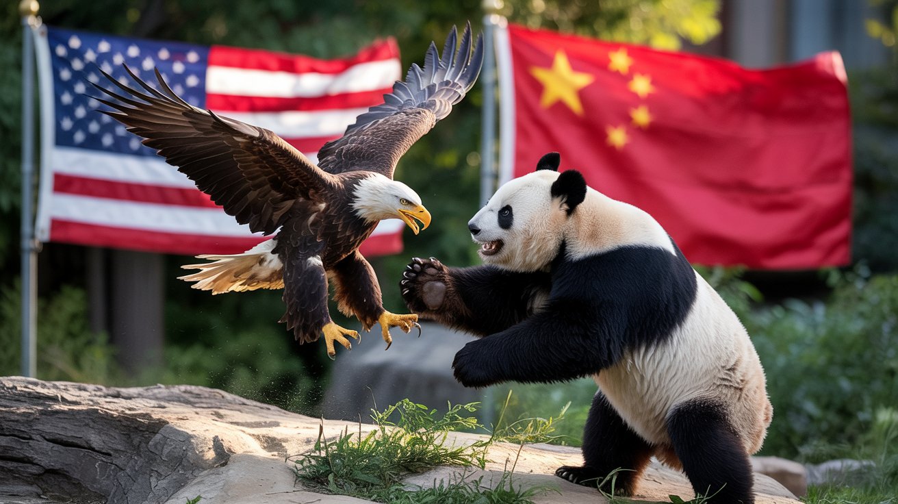 Orel bělohlavý a panda velká jsou zachyceni uprostřed vzdušného střetu, za orlem vlaje americká vlajka, za pandou čínská, obě mírně rozmazané. Obrázek symbolicky vyjadřuje napětí mezi USA a Čínou prostřednictvím dynamického souboje jejich národních zvířat – orla a pandy – na pozadí vlajek obou států.